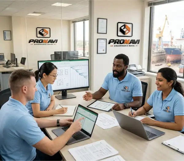 Equipe de engenharia técnica reunindo especialistas experientes do mercado